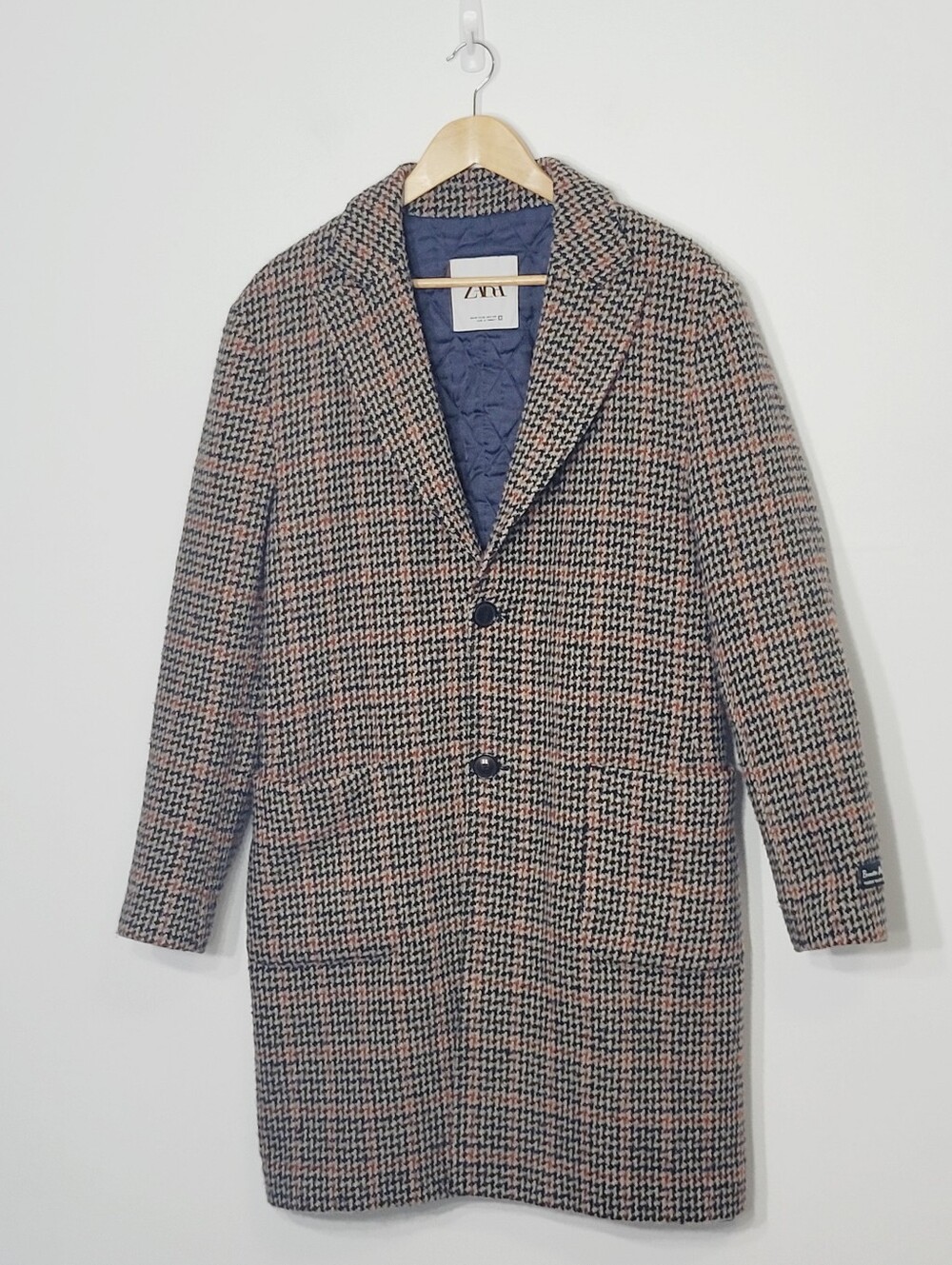 ZARA Brunetto Morganti Tan Multicolor Houndstooth Wool Blend Plaid Italy Medium